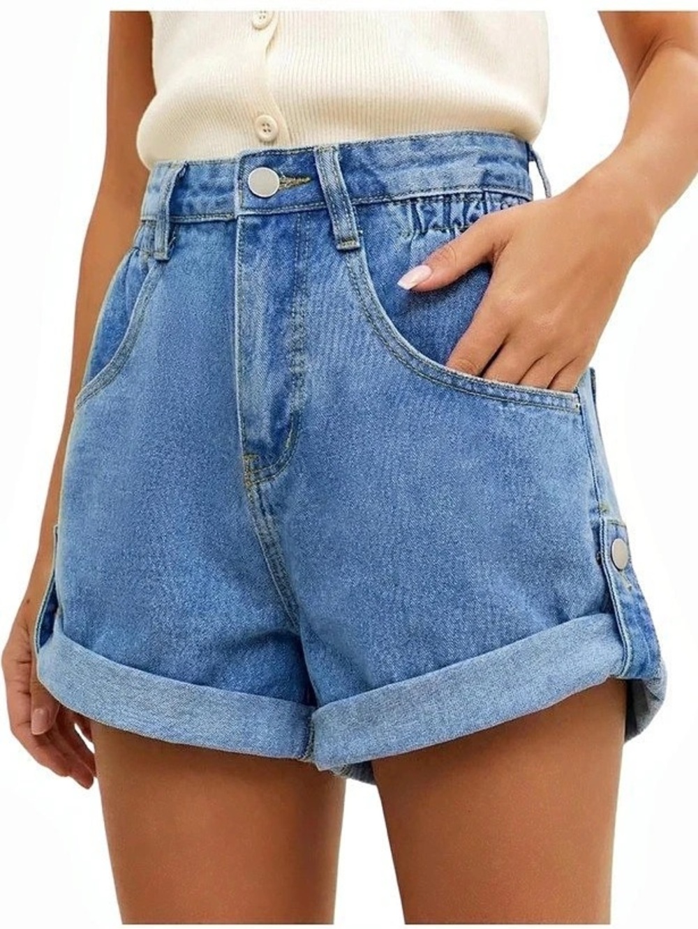 BISUAL High Waisted Rolled or Unrolled Hem Stretchy Denim Shorts with Pockets